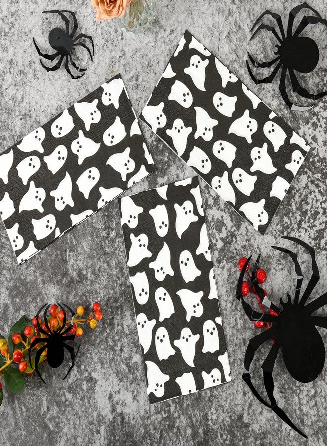 AimFun 100 Halloween Guest Napkins Ghost Disposable Paper Hand Towels Black White Spooky Boo Decorative Dinner Napkin for Birthday Halloween Party Supplies Kitchen Table Decorations - Image 3